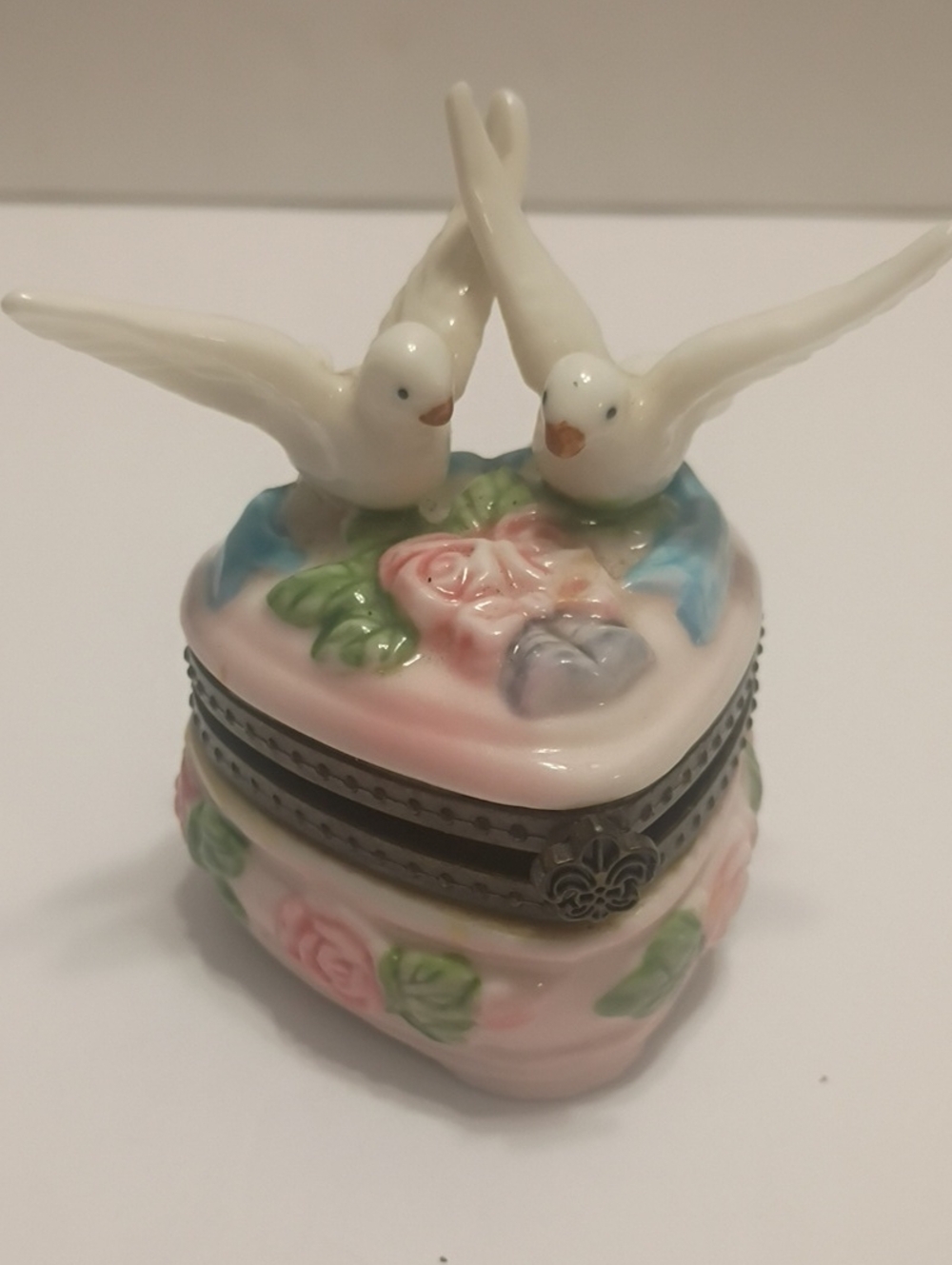 Vintage Ceramic Love Birds Trinket Box with Pink Rose Accents Hinged